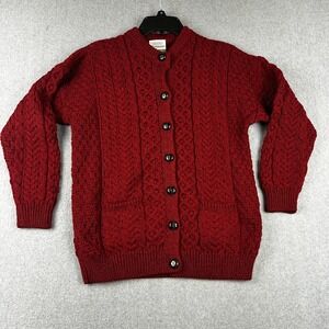 Shannon Woolen Mills Sweater Womens Medium Red Merino Wool Ireland Cable Knit